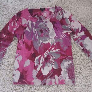 Talbots Petites MP 100% Merino Wool Pink Floral Sweater Lightweight Knit Top